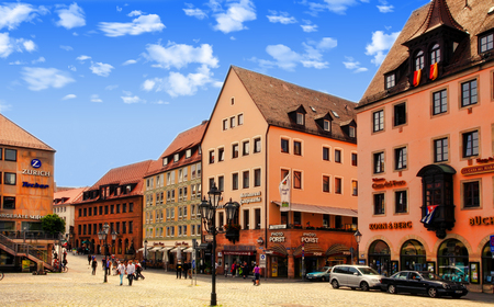 NURNBERG, GERMANY - JULY 13 2014: Hauptmarkt, the central square of Nuremberg, Bavaria, Germany.  Nuremberg accommodates annually more than 2 millions touristsのeditorial素材