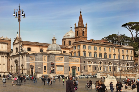Rome, Italy - APRIL 12, 2016: People's Square (Piazza del Popolo) with its fountain and obelisk in centre named after the church of Santa Maria del Popolo - is a large urban square in Rome.のeditorial素材