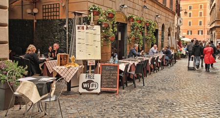 Rome, Italy - APRIl 9, 2017 : Typical Italian restaurant in the historic  center of Rome.のeditorial素材