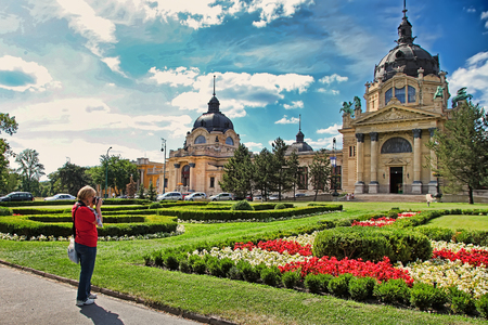 BUDAPEST, HUNGARY - June 27, 2014 : Szechenyi Medicinal Bath in Budapest, Hungary, is the largest medicinal bath in Europe. The bath can be found in the City Park, and was built in 1913 in Neo-baroque style to design of Gyozo Czigler.のeditorial素材