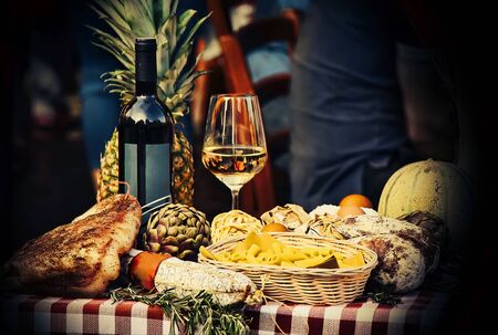 Mediterranean and italian food with pasta, cheese, sausages, herbs and wine.の写真素材