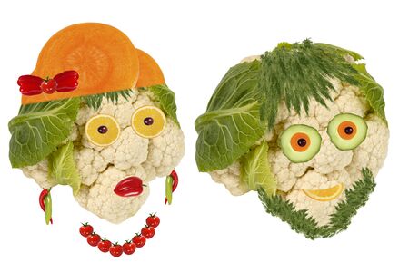 Creative set of food concept. Two  funny portraits from vegetables and fruits.の写真素材