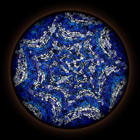 Colorful pattern in style of Gothic stained glass window with round frame. Blue and white Spiral...