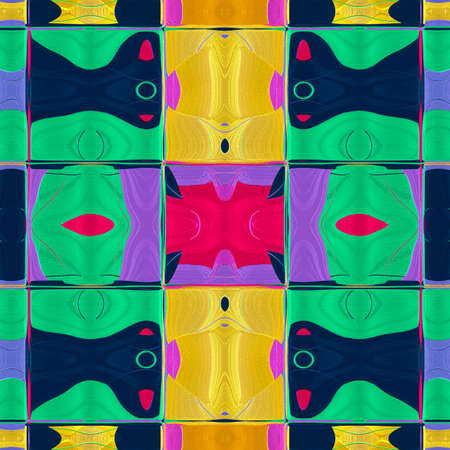 Stylized Ceramic Tile. Multicolor mosaic ornament. Excellent Modern Pattern. Ceramic tableware, wooden puzzle. Ethnic background. Stained-glass window style. Wallpaper from color ornaments and border.の写真素材