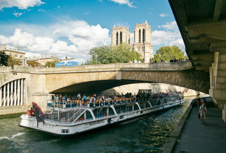 river Seine and cathedral "Notre Dame de Paris" in Paris, France.のeditorial素材