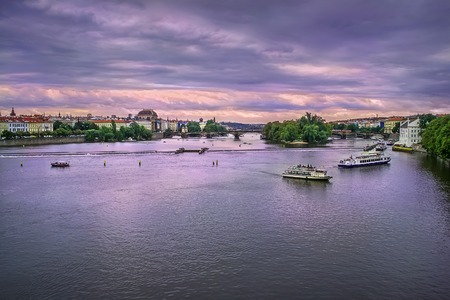 Vltava River in Prague, Czech Republic  in the eveningの写真素材