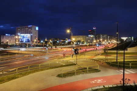 KATOWICE, POLAND - SEPTEMBER 28, 2015: traffic in Katowice, Poland in the evening on September 27. Katowice is a city in southwestern Poland, with a population of 304,362 as of 2013.のeditorial素材