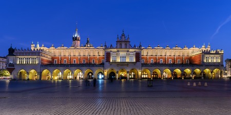 Cloth Hall Sukiennice building in the evening on main square of Krakow city, Polandのeditorial素材
