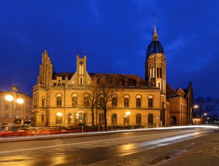 Chorzow near Katowice in Poland. Historic post office edifice built in XIX century in neo-Gothic style in the night.のeditorial素材