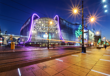 Katowice in the evening  decorated by Christmas lights. Polandのeditorial素材
