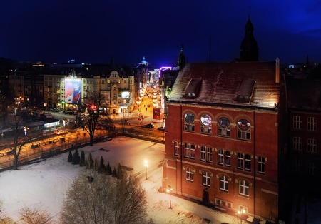 KATOWICE, POLAND - January 10, 2016: Nightly air view panorama of Katowice in the winter, Poland....