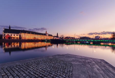 University bridge and Wroclaw university, in the evening. Poland. Europe.