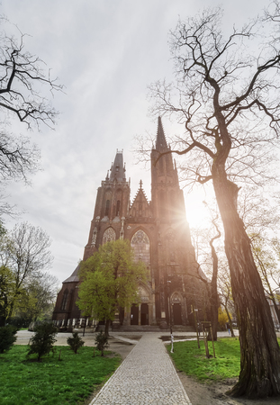 The Gothic Church is flooded with light  in the Tumski island, Wroclaw, Polandの写真素材