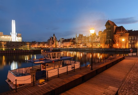 Scenery with boats in old town of Gdansk in the evening, Poland, Europeの写真素材