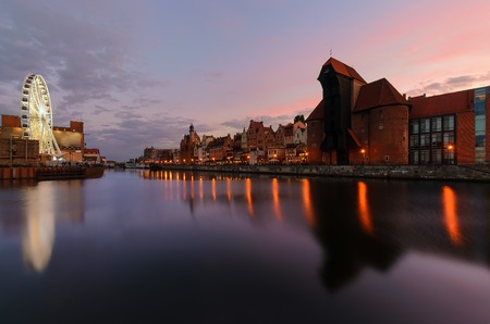 The panorame of Gdansk cityscape, after sunset. Poland, Europe.