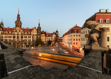 Square in Dresden, with the tram in the evening. Germany, Europe.のeditorial素材