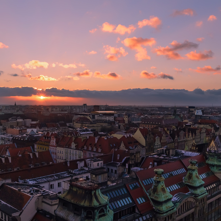 View on the Wroclaw during sunset from "Penitents Bridge", Poland, Europe.の写真素材