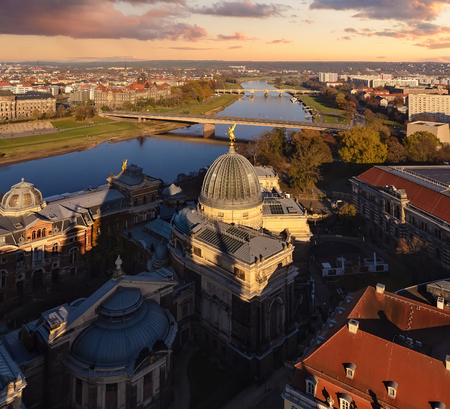 Panorama of Dresden cental part and Elbe river in sunset. Saxony, Germany, Europe.の写真素材