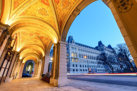 View on the Vienna town hall under the arch. Austria. Europe.の写真素材