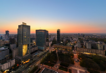 Warsaw city with modern skyscraper after sunset, Poland, Europe.のeditorial素材