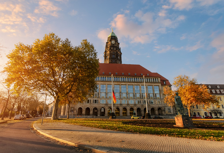 Autumn New Town Hall on Rathaus Square in Dresden, Saxony, Germany.のeditorial素材