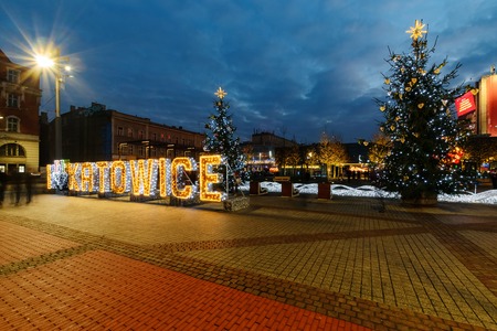 KATOWICE, POLAND - DECEMBER 17, 2017: The square in the centre of Katowice decorated by the christmas lights. Poland.のeditorial素材