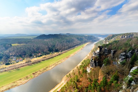 Saxon Switzerland. The view from the height of the Bastai Mountains in the Elbe river.