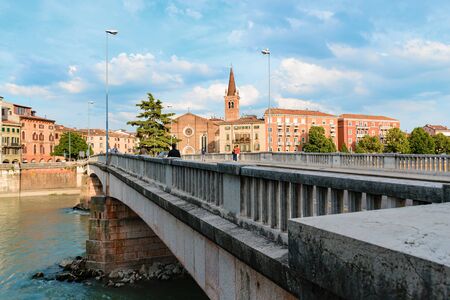 Panoramic view on the dige river in the evening in Verona. Italy