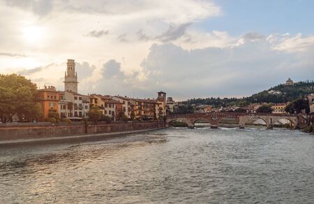 Panoramic view on the dige river in the evening in Verona. Italy