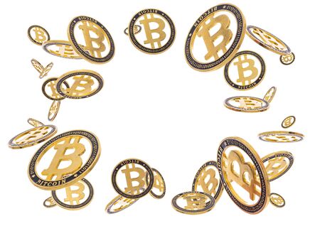 Gold cryptocoin Bitcoin explosion. Isolated on whiteの写真素材