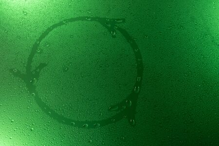 recycling symbol in neon light background drops trend 2020 color Lush lava, Flat lay top view copy...