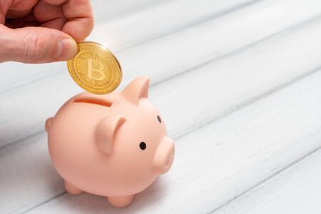 Bitcoin holding concept. Piggy bank for bitcoins. Cryptocurrency saving symbol. A man puts bitcoin in a money box on a gray background. Copy space.の写真素材