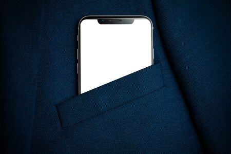 Black smartphone with white screen in men suit pocket close up. Copy space, mockupの写真素材
