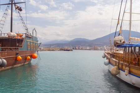 old traditional ship in Crete town Hersonissos Day foto. Greece vacation.の写真素材
