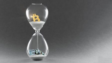 Hourglass on dark background. Concept passing traditional currency time, and time cryptocurrency...