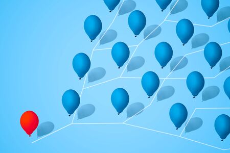 blue balloons symbolizing society. Red balloon symbol of the leader, a person who stands out from the crowd. the concept of implementing an idea in societyの写真素材