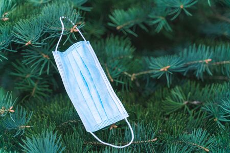 Coronavirus victory concept. Anti-virus medical mask on a coniferous tree. Stop COVID-19 pandemic symbol. defeating the virus idea.の写真素材