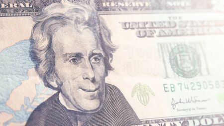 smiling President. symbol of an uptrend, development, and growth of the economy. Dollar bill close up. Symbol of economic and financial.の写真素材