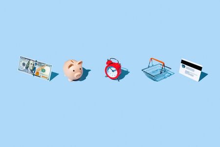consumer concept, izometric pattern on bright light blue background. Minimal flat lay texture. Abstract trendy fresh concept.の写真素材