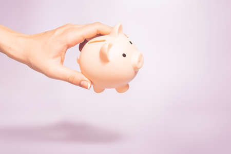 Money holding concept. Saving symbol - Close-up Of A woman hold a Piggy Bank. Money box on a pastel background. Copy space.の写真素材