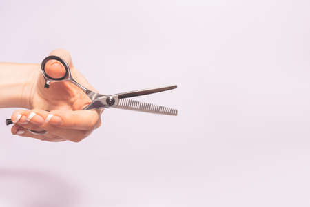 Had holding hairdresser tools scissors under trendy color background with copy space and soft light. Stylish Professional Barber Scissors, Hairdresser salon concept, Haircut accessories.の写真素材