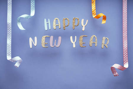 Happy New Year minimal pastel greeting card , frame, banner with holidays decorations.の写真素材