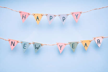 Happy New Year minimal pastel greeting card , frame, banner with holidays decorations.の写真素材
