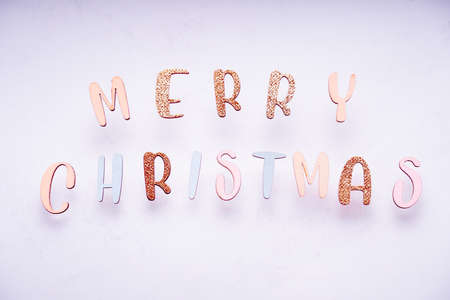 Merry Christmas minimal pastel greeting card , frame, banner with holidays decorations.の写真素材