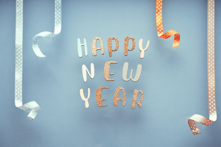 Happy New Year minimal pastel greeting card , frame, banner with holidays decorations.の写真素材
