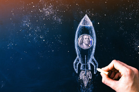 Rocket with US president in 100 dollar bill. Concept of the growth of the dollar. Successful...