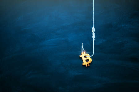 Bitcoin as a bait. Blockchain cryptocurrency trap. Free money concept. Bitcoin on the hook. Copy space.の写真素材