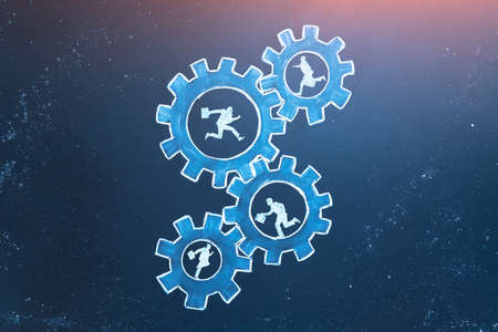 Teamwork business concept. Businessmens running in gears. Idea of partnership, cooperation, team...