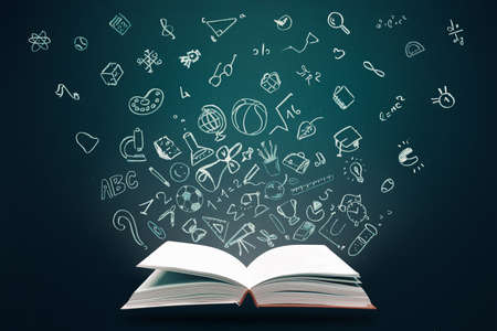 Education concept. Open books and hand drawn school doodle icons. Studying, knowledge, learning ideaの写真素材