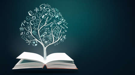Education concept. Open books and knowladge tree with hand drawn school doodle icons. Studying,...